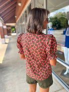 Don't Rush Terra Cotta Abstract Print Short Puff Sleeve Top with Contrast Banding (R) - A'Bekah's Boutique