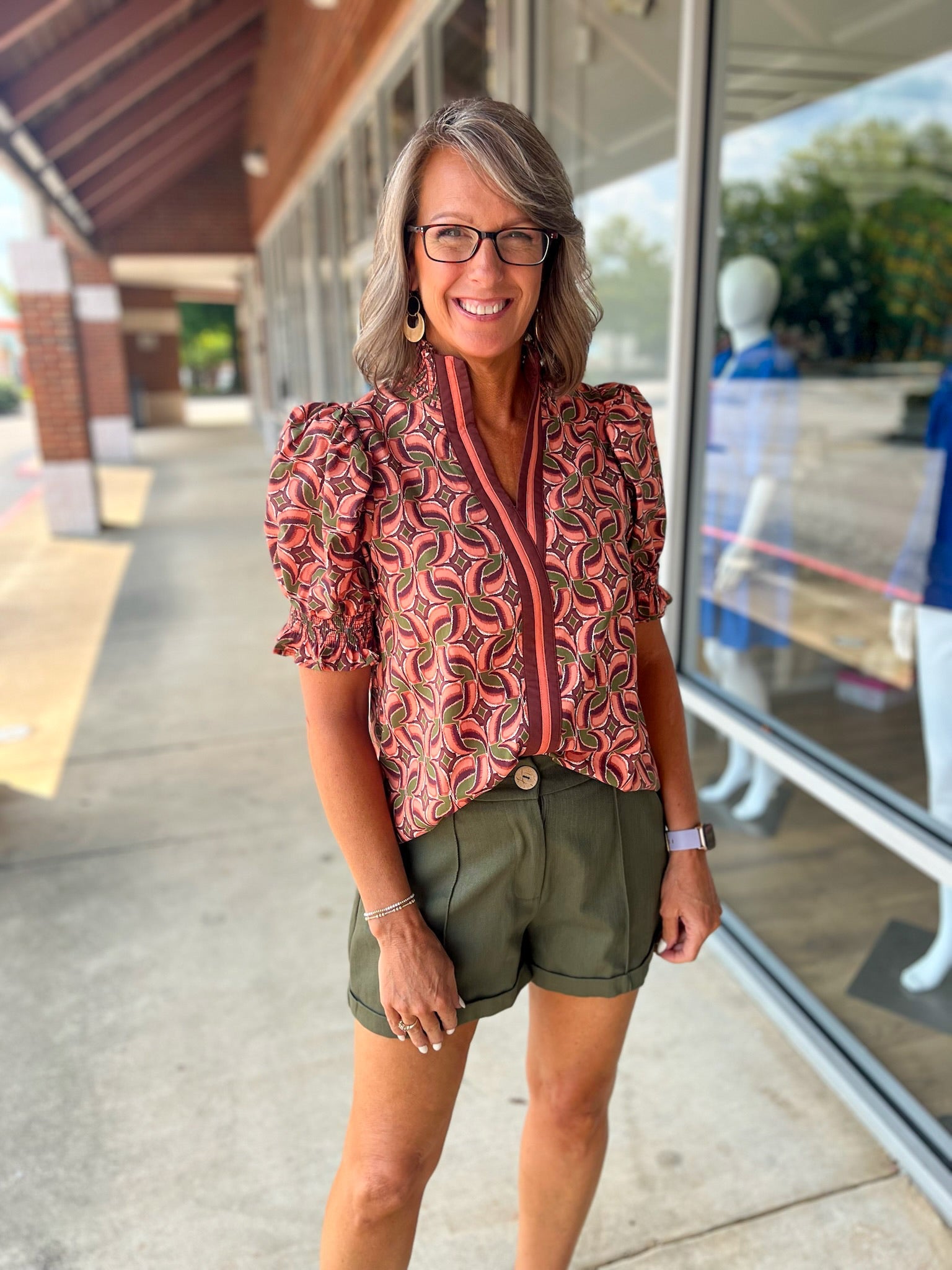 Don't Rush Terra Cotta Abstract Print Short Puff Sleeve Top with Contrast Banding (R) - A'Bekah's Boutique