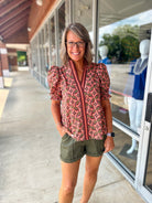 Don't Rush Terra Cotta Abstract Print Short Puff Sleeve Top with Contrast Banding (R) - A'Bekah's Boutique