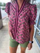 Don't Rush Wine Abstract Print Short Puff Sleeve Top with Contrast Banding (R) - A'Bekah's Boutique