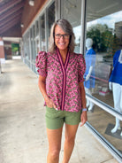 Don't Rush Wine Abstract Print Short Puff Sleeve Top with Contrast Banding (R) - A'Bekah's Boutique