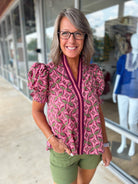 Don't Rush Wine Abstract Print Short Puff Sleeve Top with Contrast Banding (R) - A'Bekah's Boutique