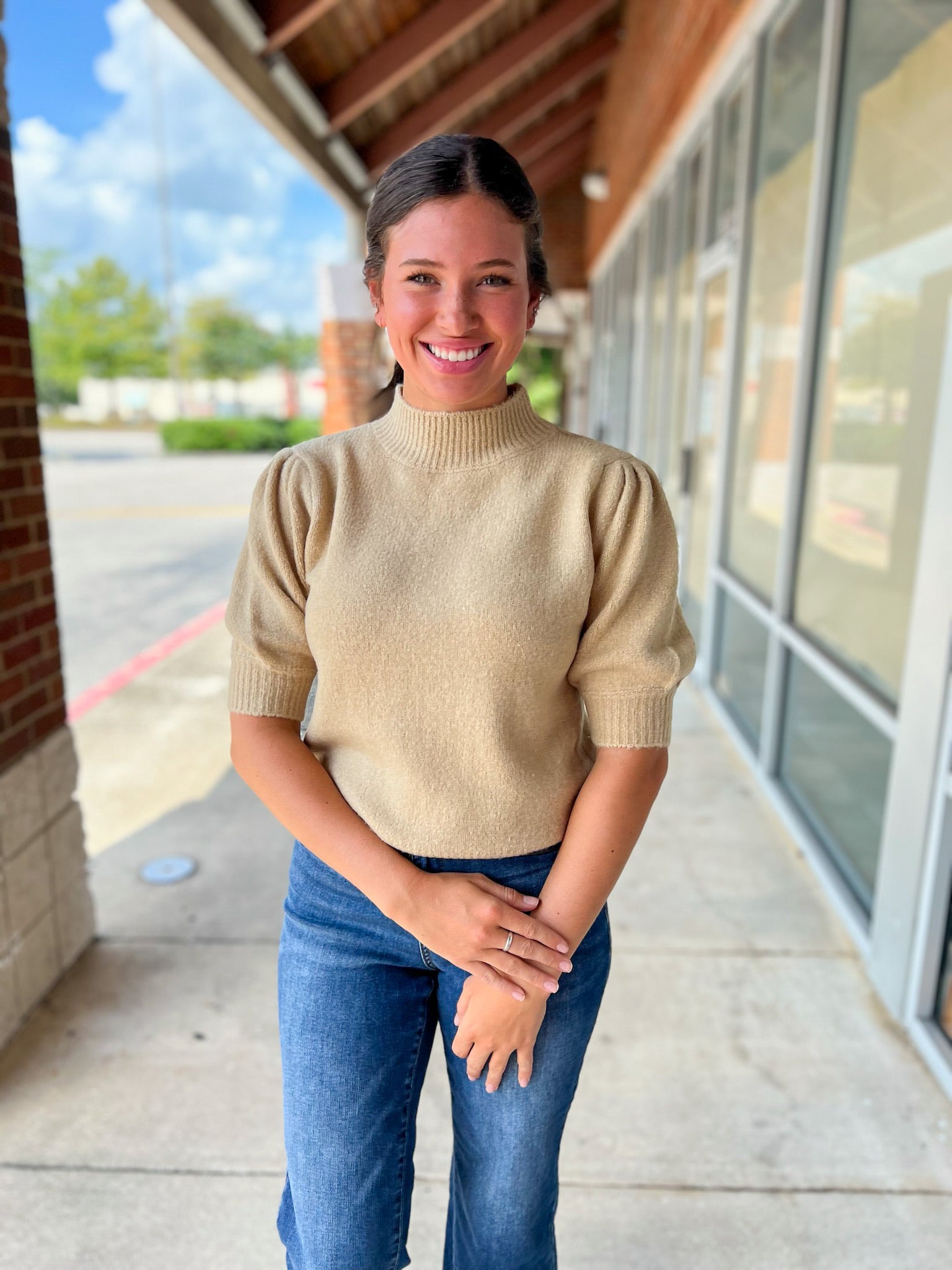 Don't Waste Your Chance Taupe Short Puff Sleeve Mock Neck Top - A'Bekah's Boutique
