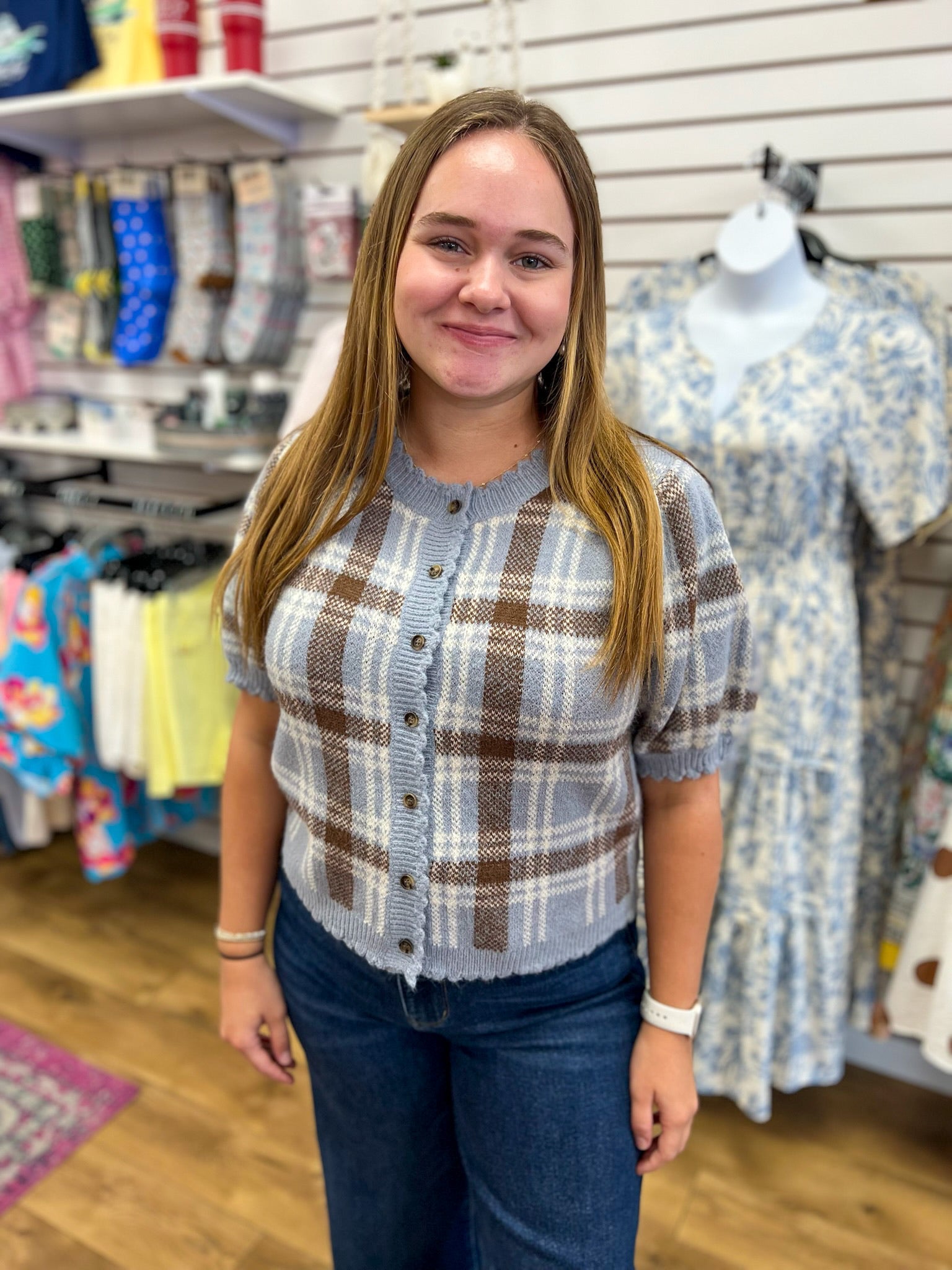 Dusty Blue and Brown Short Sleeve Button Up Sweater - A'Bekah's Boutique
