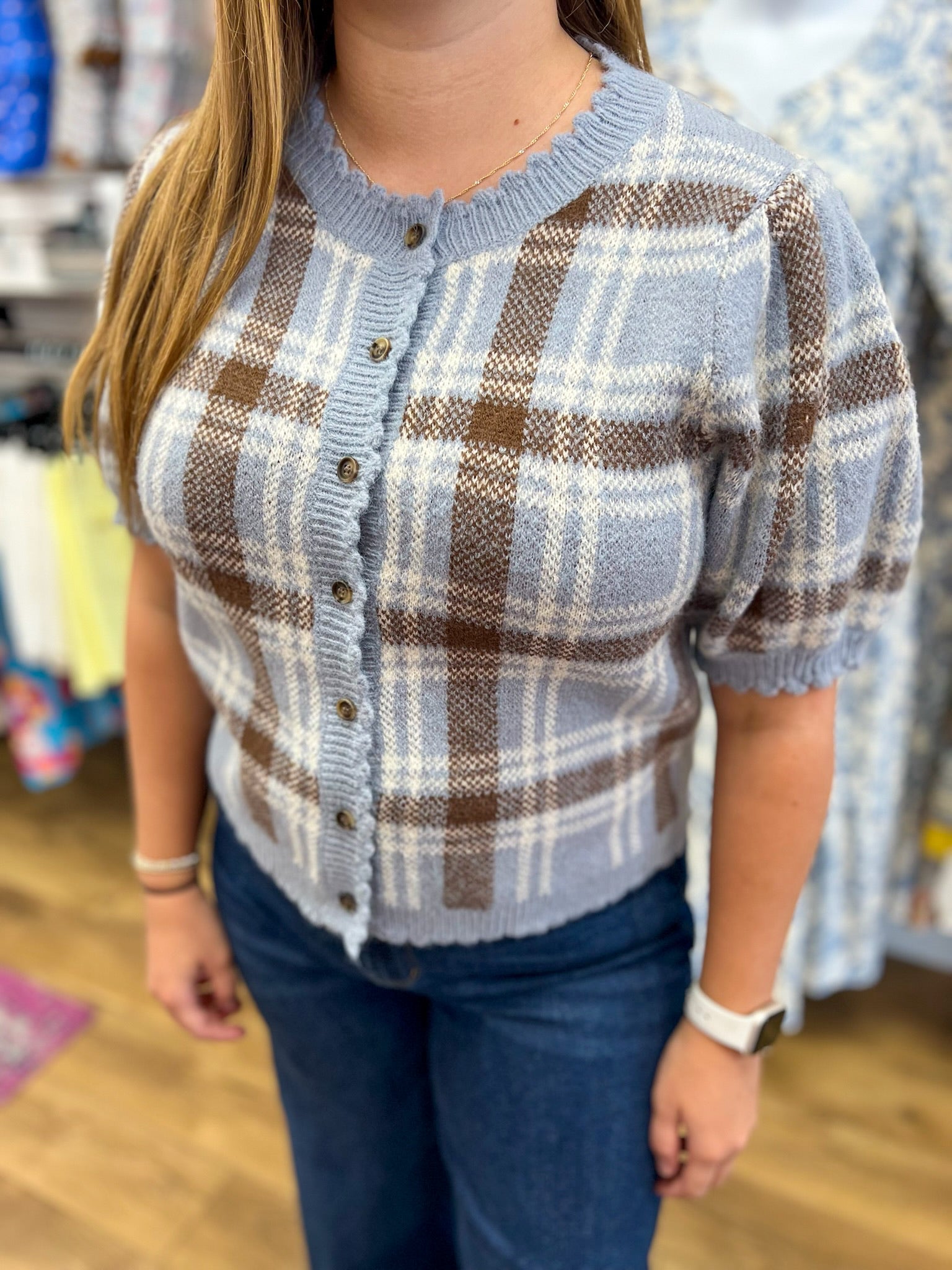 Dusty Blue and Brown Short Sleeve Button Up Sweater - A'Bekah's Boutique