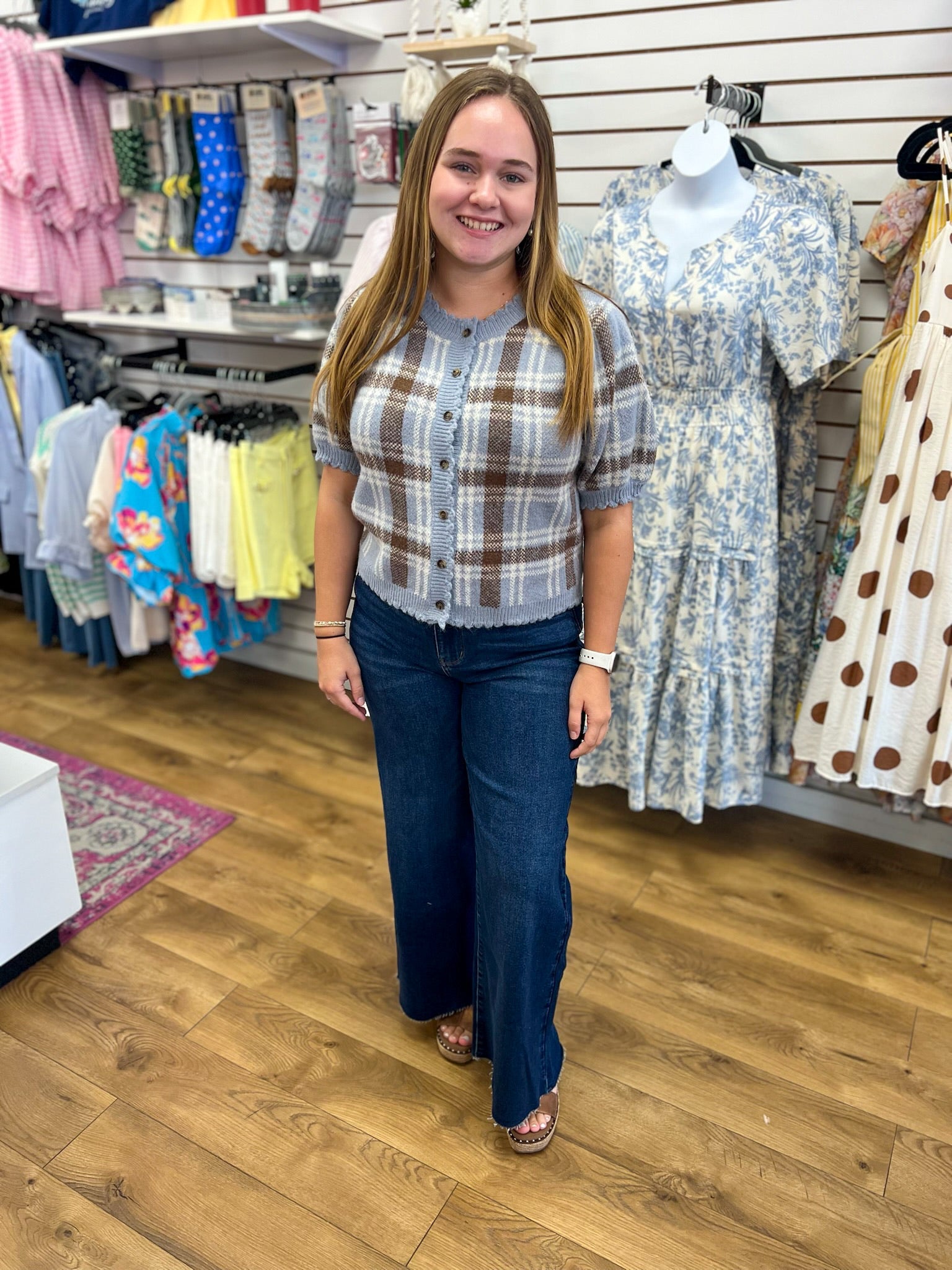 Dusty Blue and Brown Short Sleeve Button Up Sweater - A'Bekah's Boutique