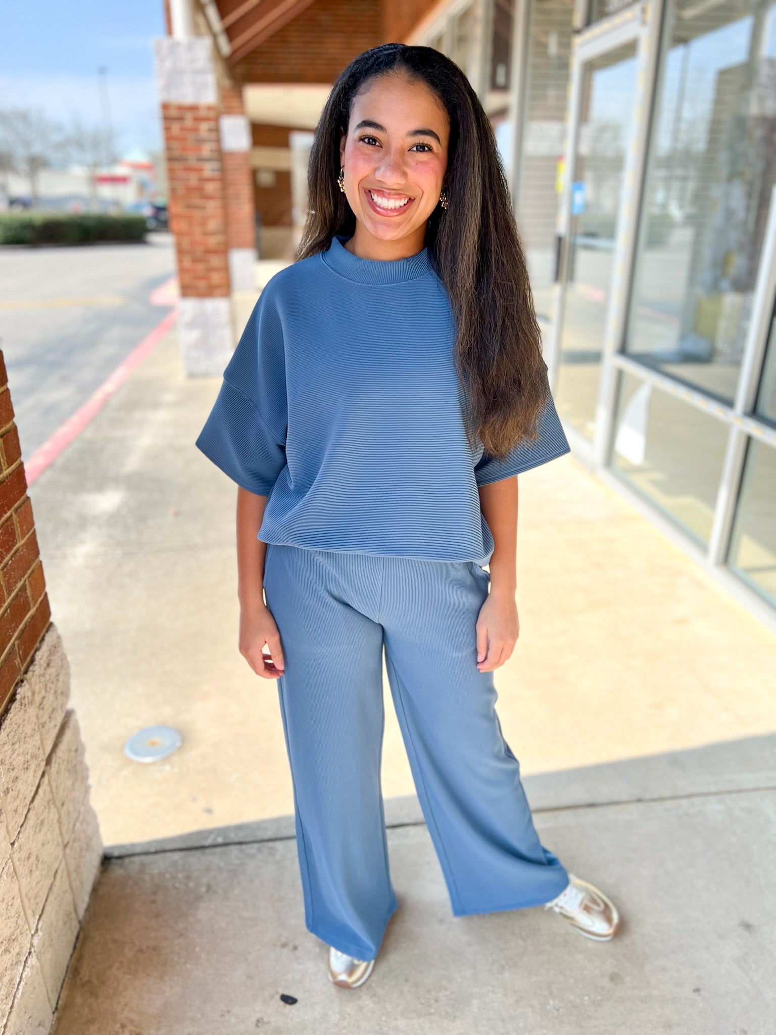 Dusty Blue Ribbed Short Sleeve Wide Leg Pant Set - A'Bekah's Boutique