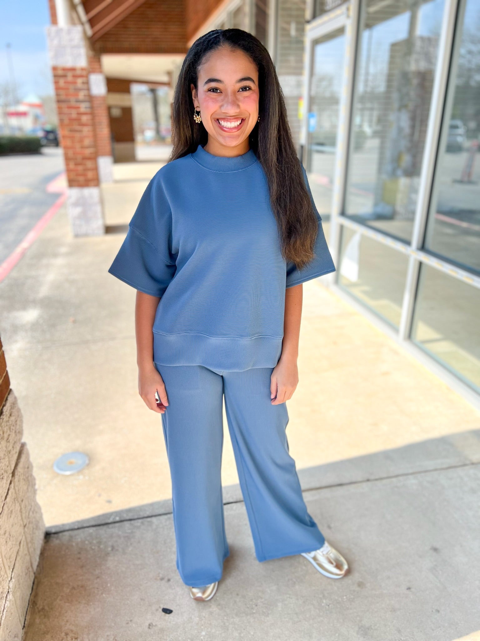 Dusty Blue Ribbed Short Sleeve Wide Leg Pant Set - A'Bekah's Boutique