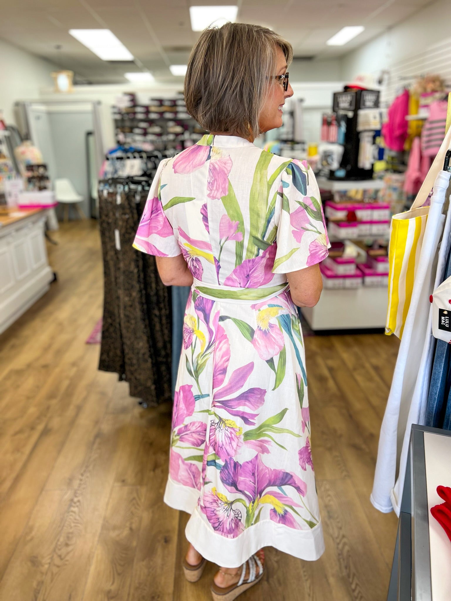 Ecru and Pink Floral Tie Waist and Flutter Sleeves - A'Bekah's Boutique