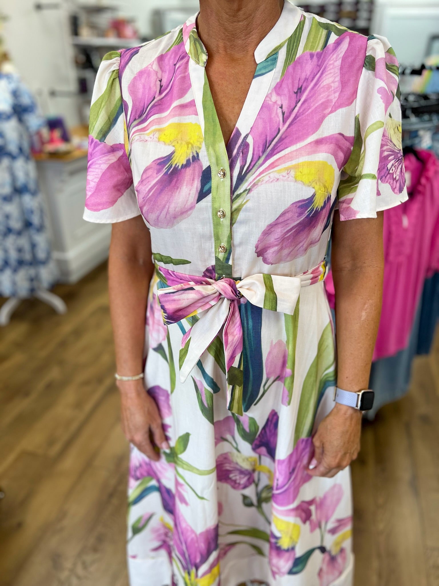 Ecru and Pink Floral Tie Waist and Flutter Sleeves - A'Bekah's Boutique