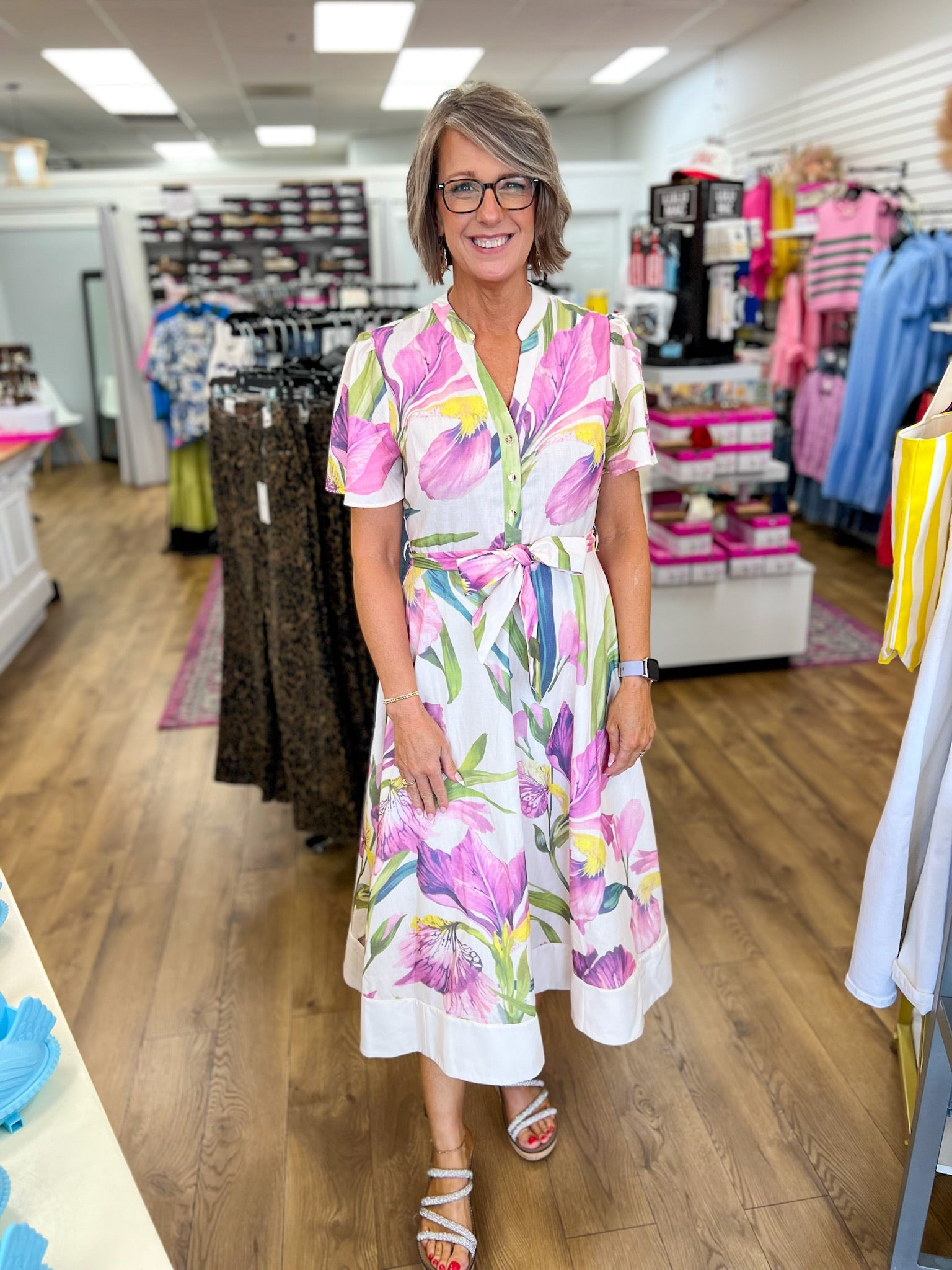 Ecru and Pink Floral Tie Waist and Flutter Sleeves - A'Bekah's Boutique