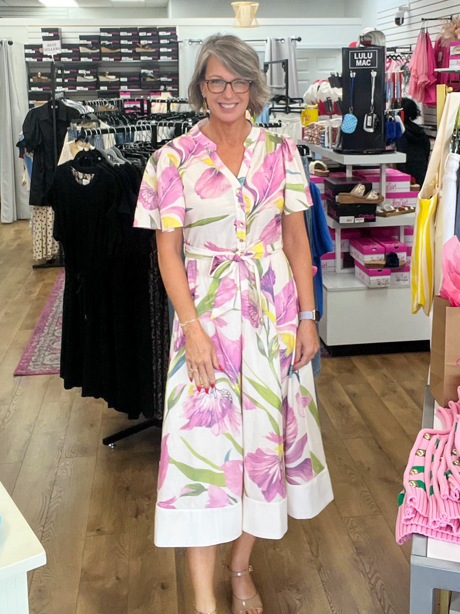 Ecru and Pink Floral Tie Waist and Flutter Sleeves - A'Bekah's Boutique