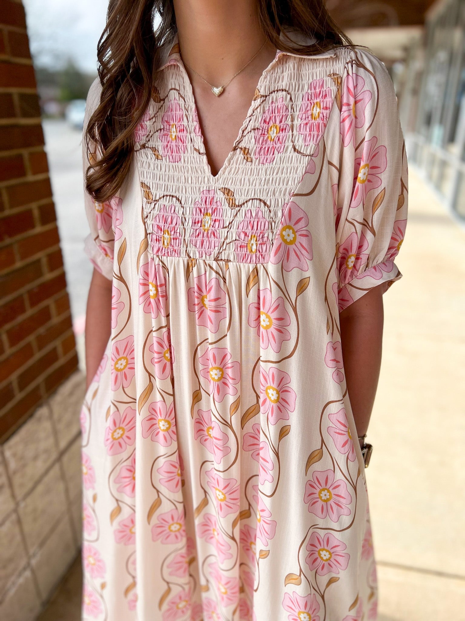 Ecru and Pink Floral V - Neck Midi Dress with Short Sleeves - A'Bekah's Boutique