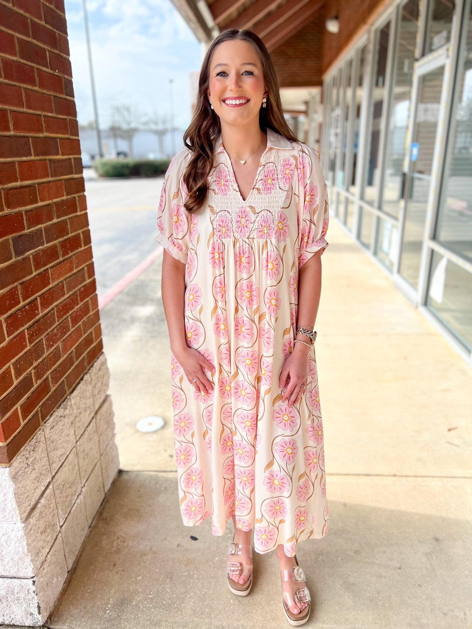 Ecru and Pink Floral V - Neck Midi Dress with Short Sleeves - A'Bekah's Boutique