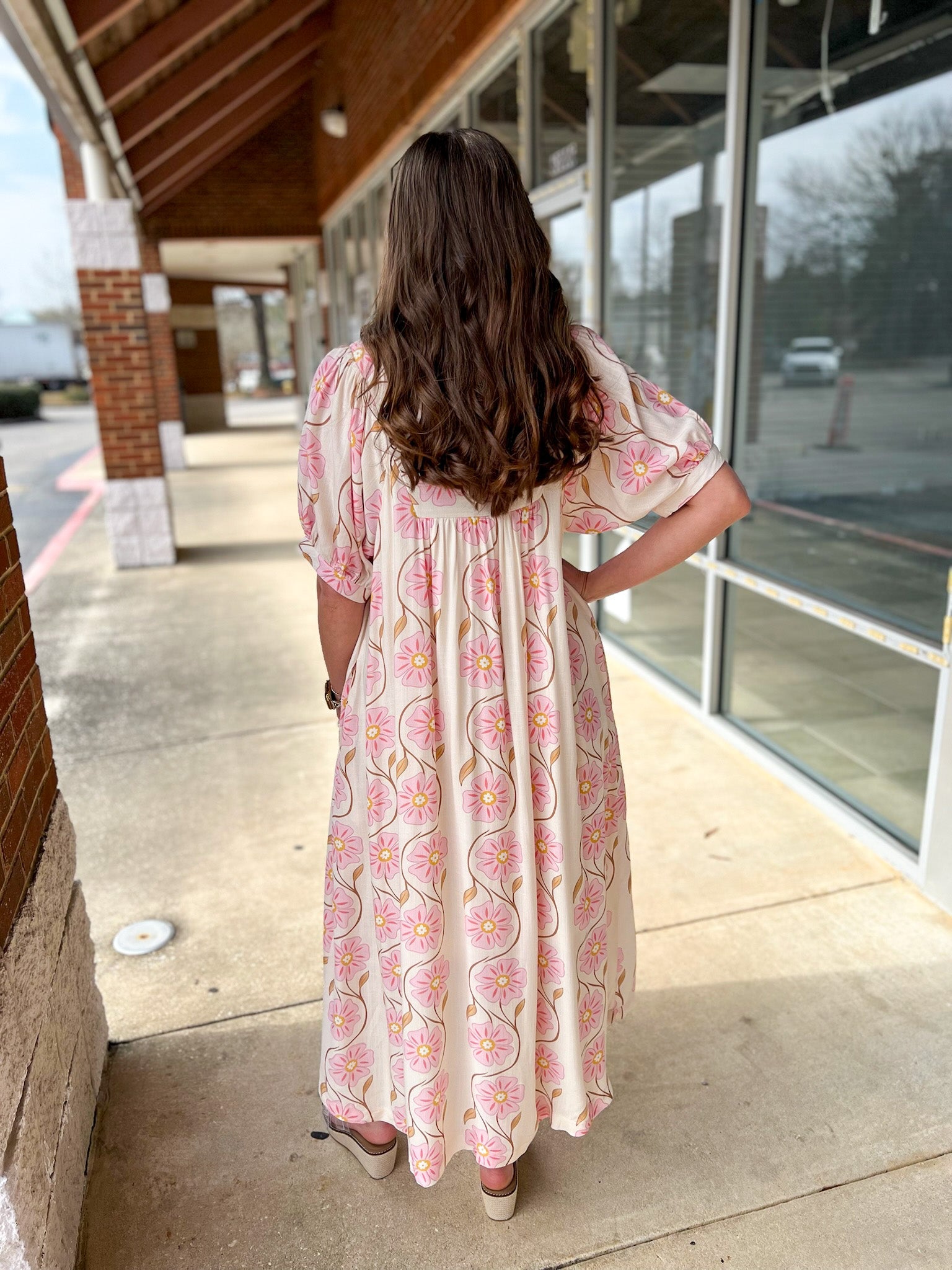 Ecru and Pink Floral V - Neck Midi Dress with Short Sleeves - A'Bekah's Boutique