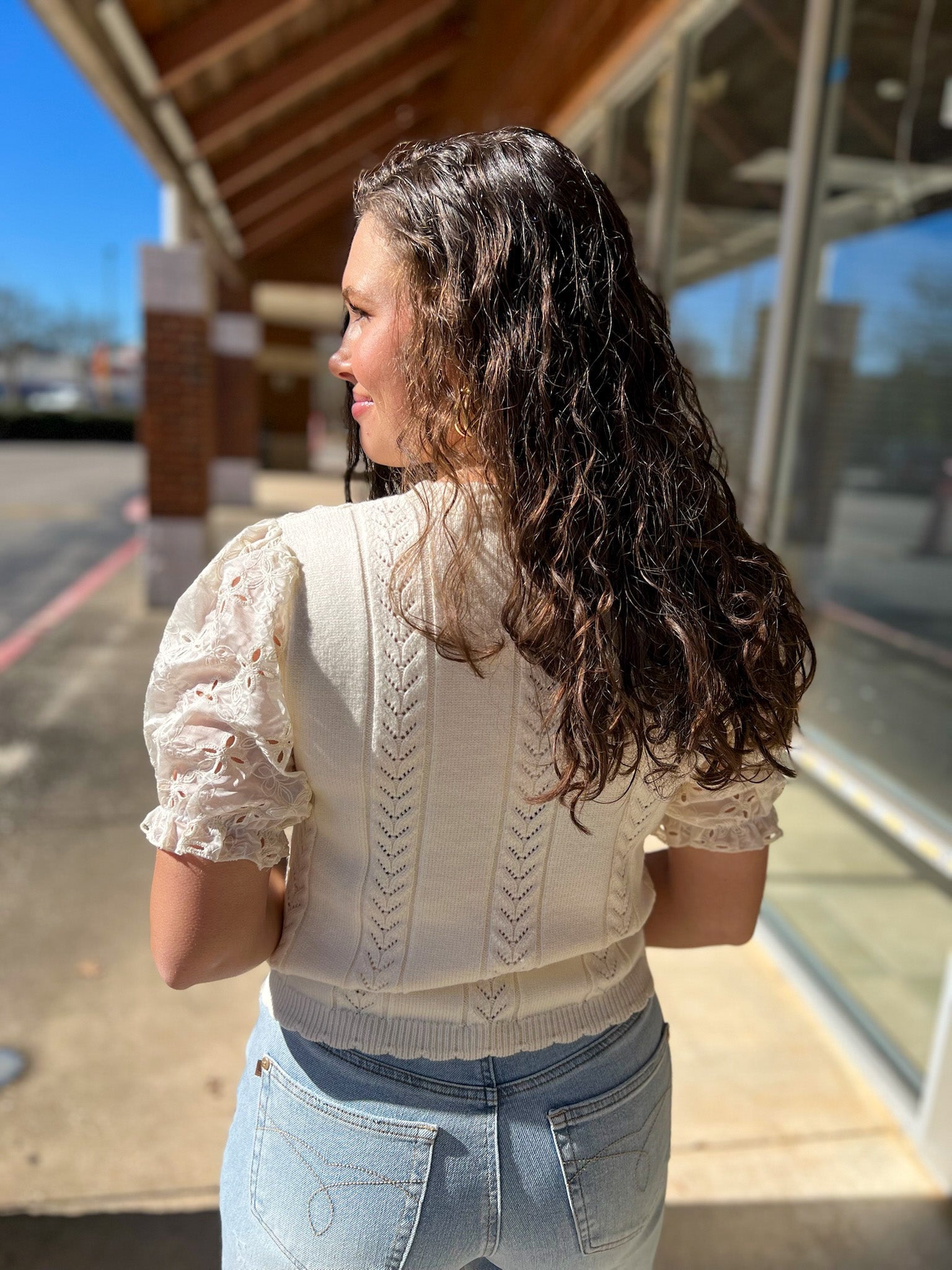 Ecru Cable Knit Sweater with Eyelet Short Puff Sleeves - A'Bekah's Boutique