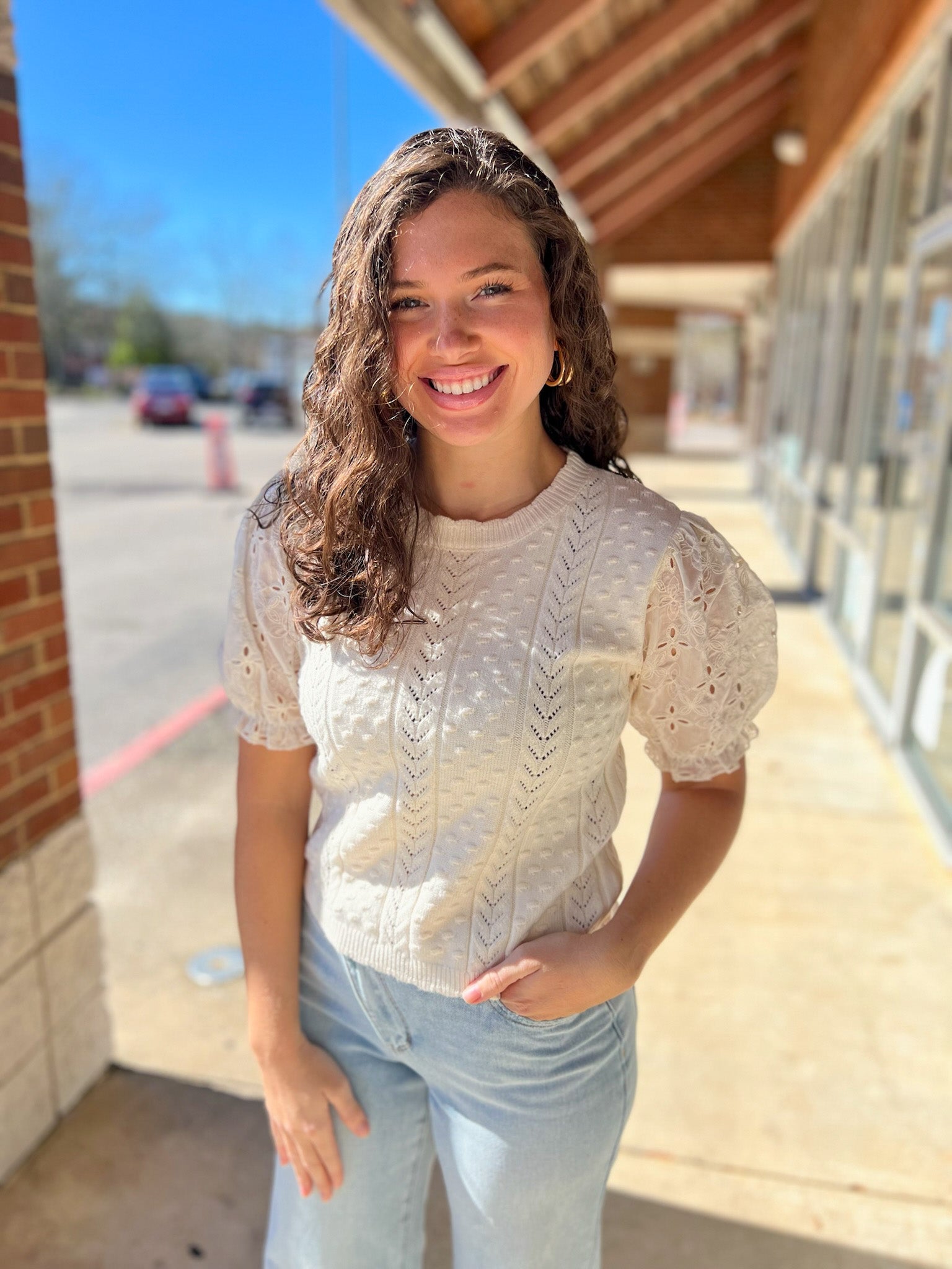 Ecru Cable Knit Sweater with Eyelet Short Puff Sleeves - A'Bekah's Boutique