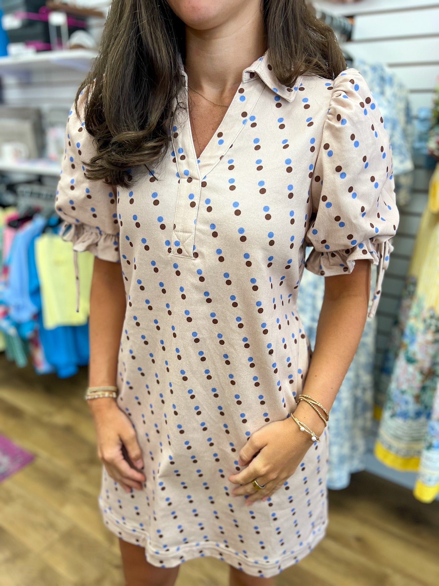 Ecru Denim Polka Dot Short Sleeve Dress with Drawstring Waist - A'Bekah's Boutique