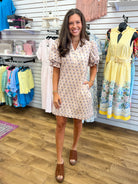 Ecru Denim Polka Dot Short Sleeve Dress with Drawstring Waist - A'Bekah's Boutique
