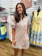 Ecru Denim Polka Dot Short Sleeve Dress with Drawstring Waist - A'Bekah's Boutique