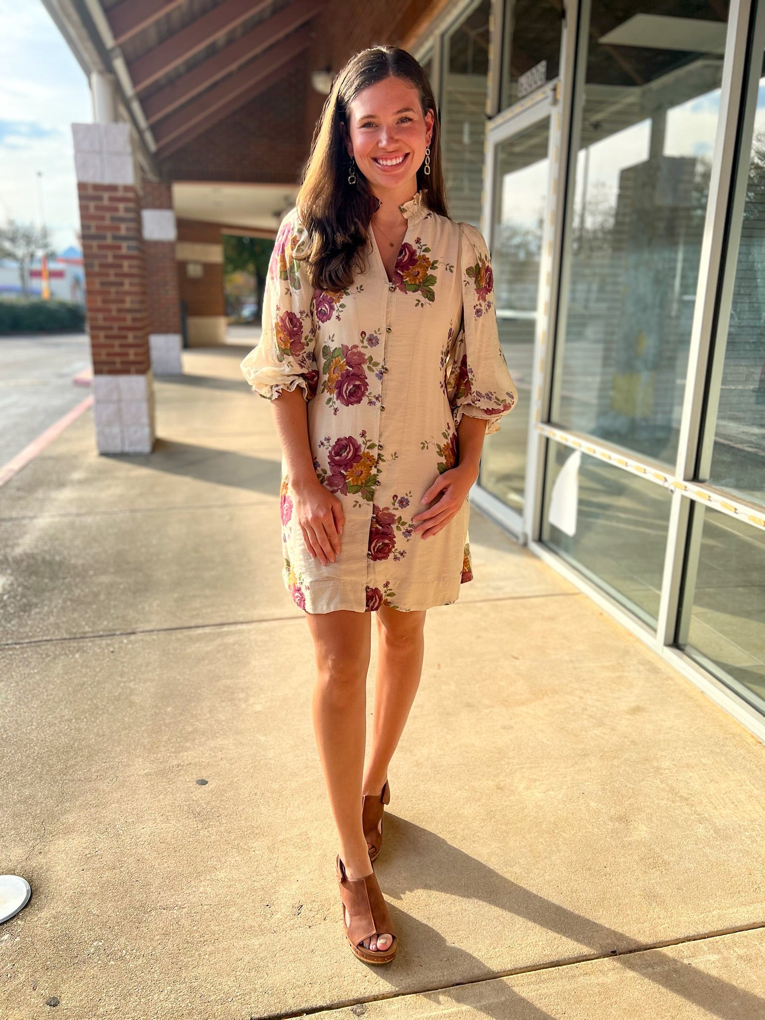 Ecru Floral 3/4 Sleeve Dress with Detachable Waist Tie - A'Bekah's Boutique