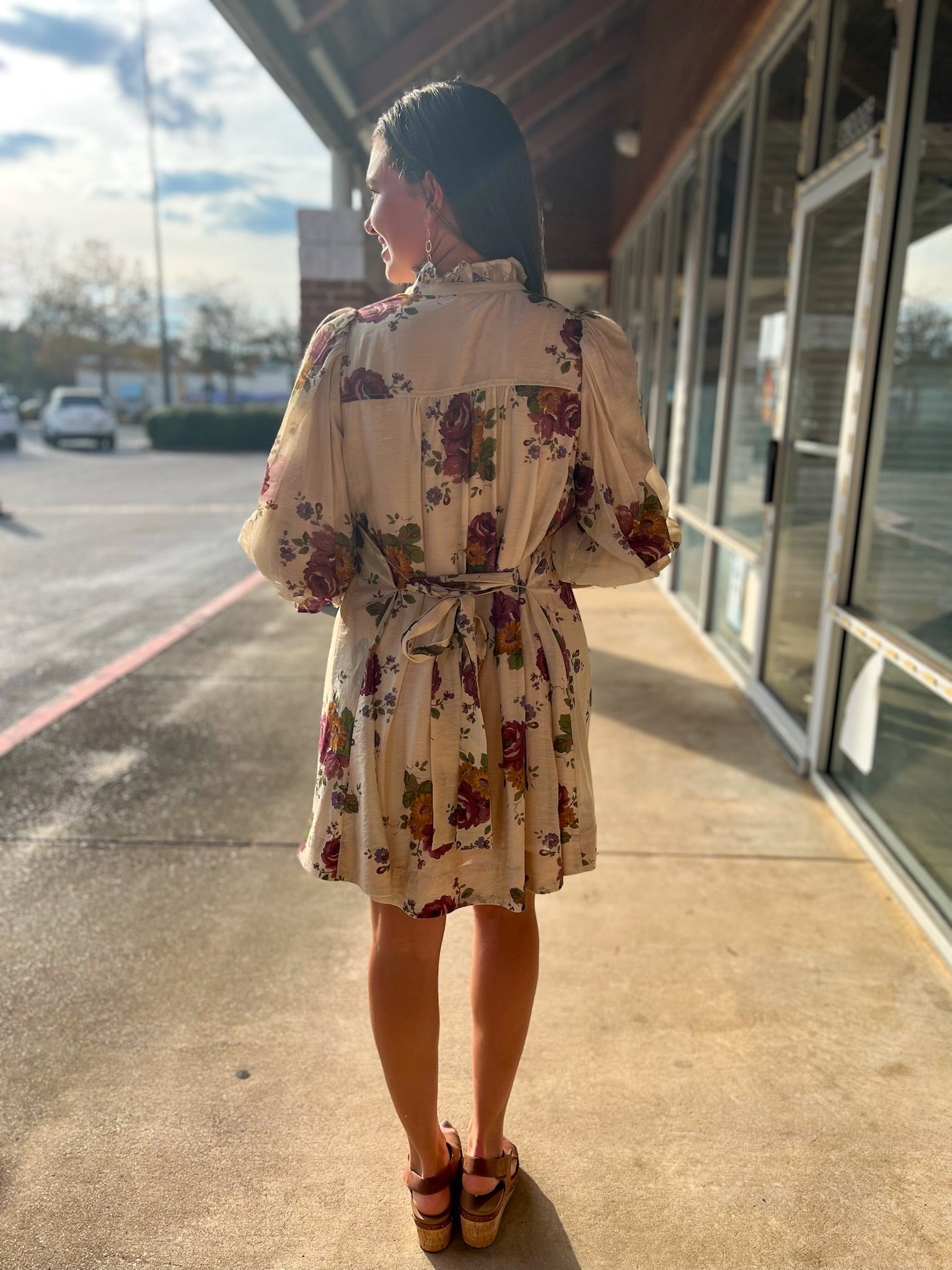 Ecru Floral 3/4 Sleeve Dress with Detachable Waist Tie - A'Bekah's Boutique