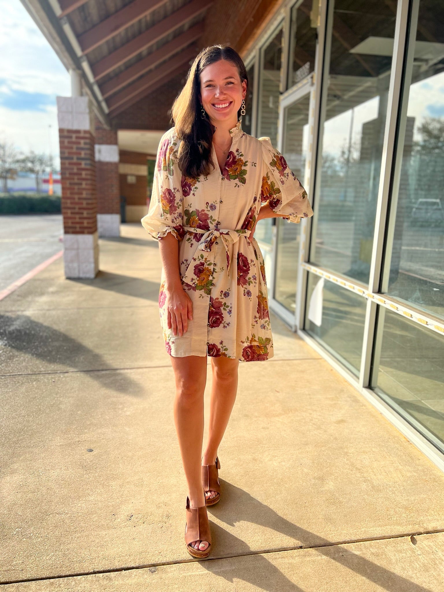 Ecru Floral 3/4 Sleeve Dress with Detachable Waist Tie - A'Bekah's Boutique