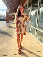Ecru Floral 3/4 Sleeve Dress with Detachable Waist Tie - A'Bekah's Boutique