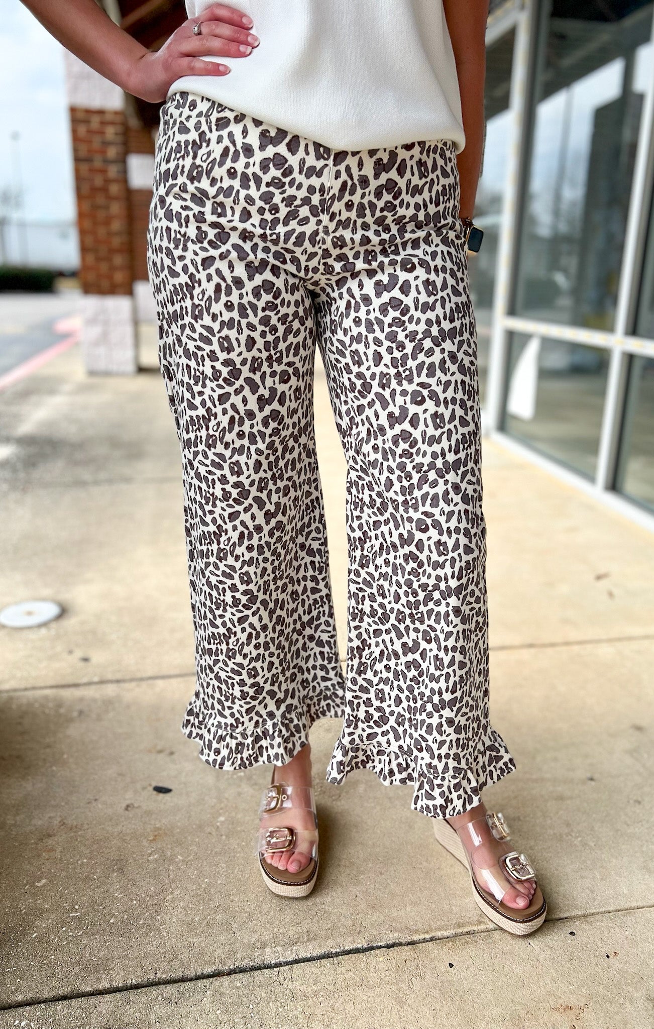 Ecru Leopard Print Wide Leg Pant with Ruffle Hem - A'Bekah's Boutique