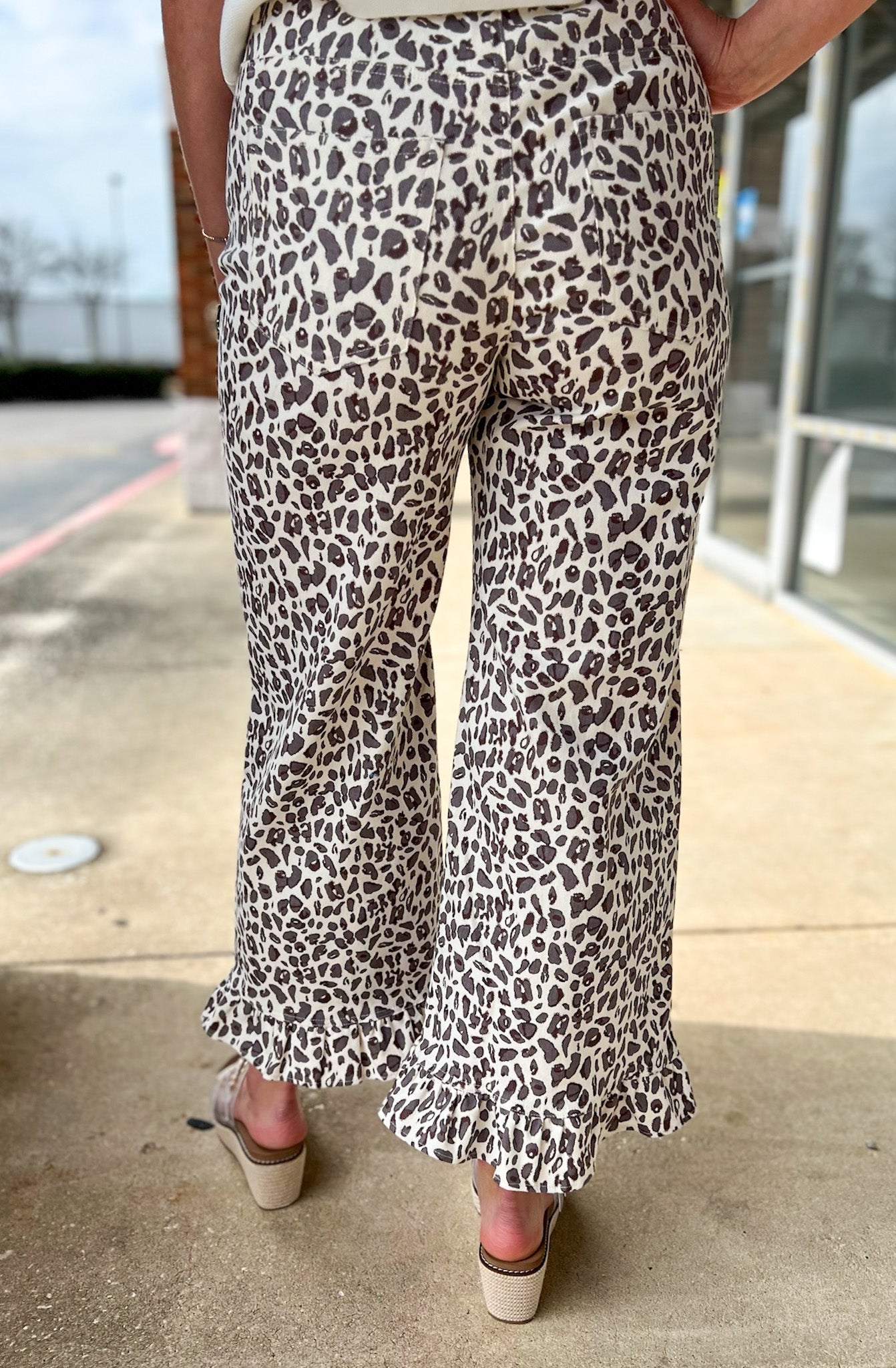Ecru Leopard Print Wide Leg Pant with Ruffle Hem - A'Bekah's Boutique