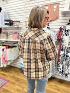Ecru Plaid V-Neck Top with 3/4 Puff Sleeves - A'Bekah's Boutique