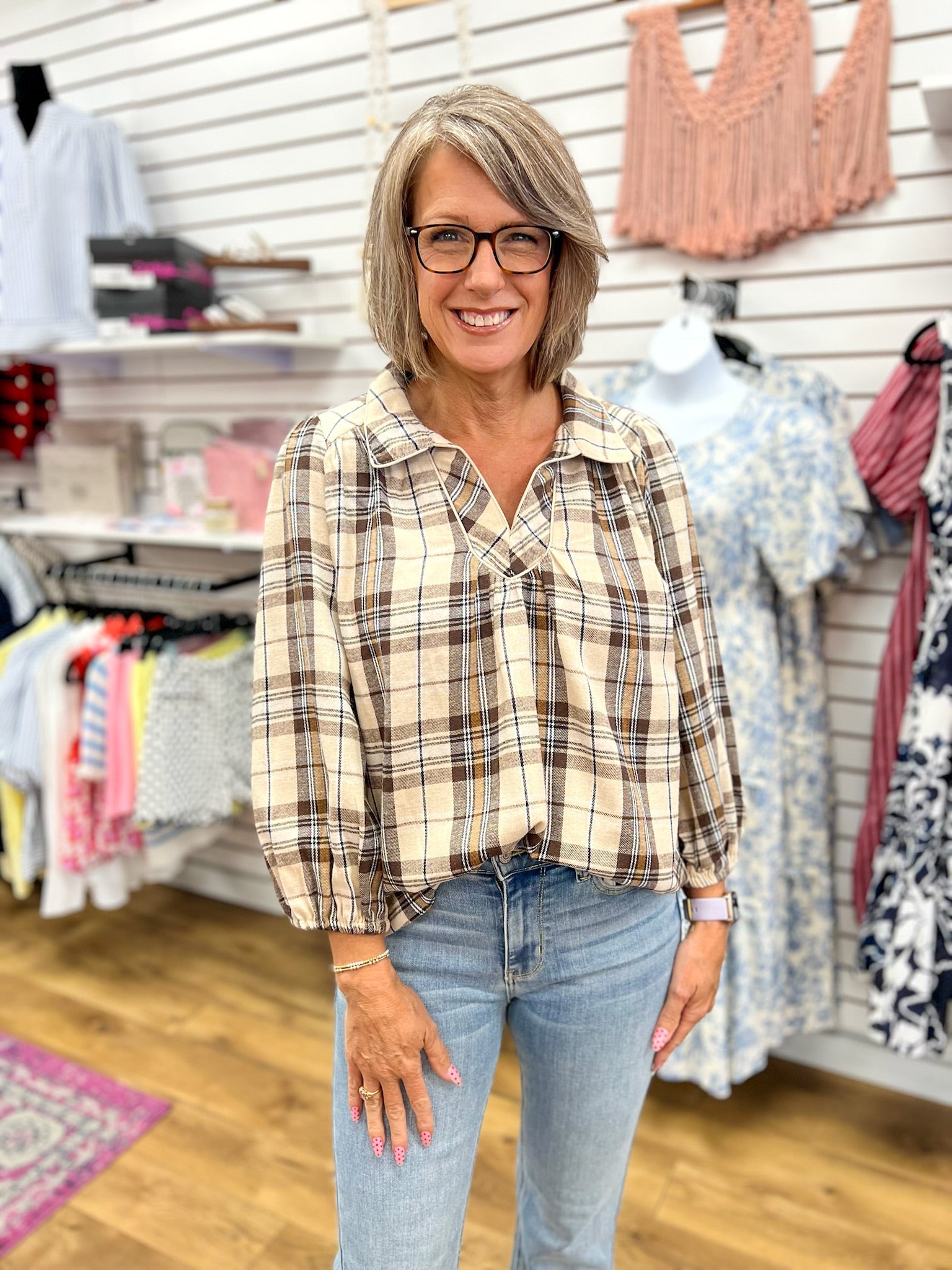Ecru Plaid V-Neck Top with 3/4 Puff Sleeves - A'Bekah's Boutique
