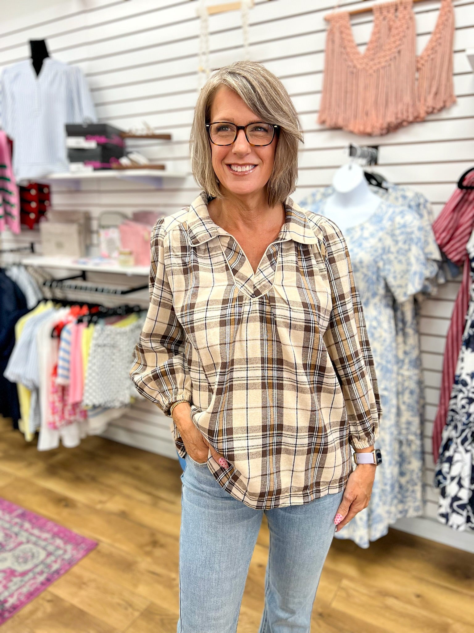Ecru Plaid V-Neck Top with 3/4 Puff Sleeves - A'Bekah's Boutique