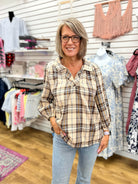 Ecru Plaid V-Neck Top with 3/4 Puff Sleeves - A'Bekah's Boutique