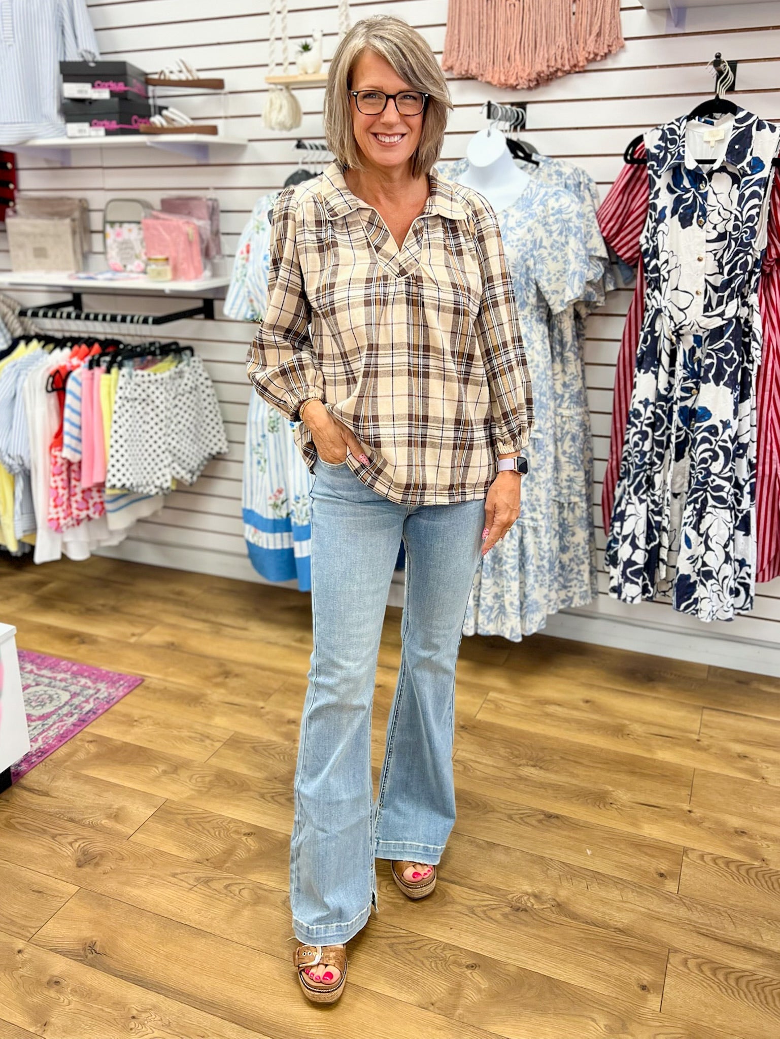 Ecru Plaid V-Neck Top with 3/4 Puff Sleeves - A'Bekah's Boutique