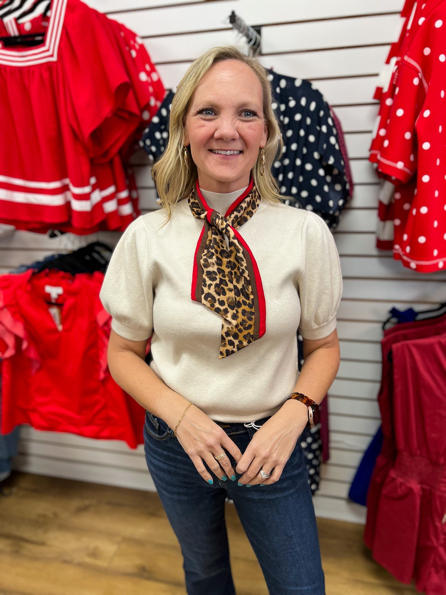 Ecru Puff Sleeve Top with Detachable Animal Print Scarf - A'Bekah's Boutique