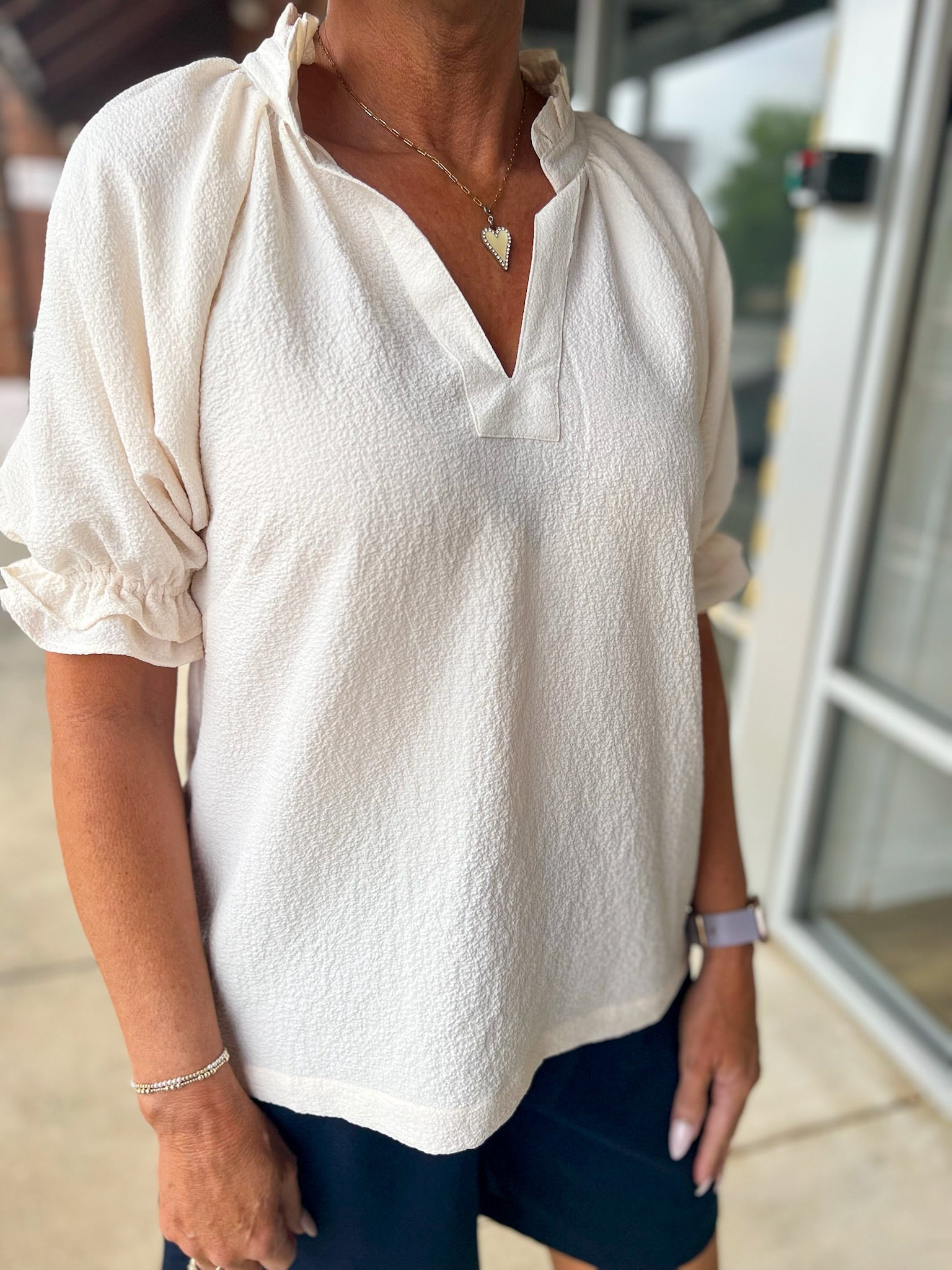 Ecru Seersucker V - Neck Top with Ruffled Bubble Sleeves - A'Bekah's Boutique