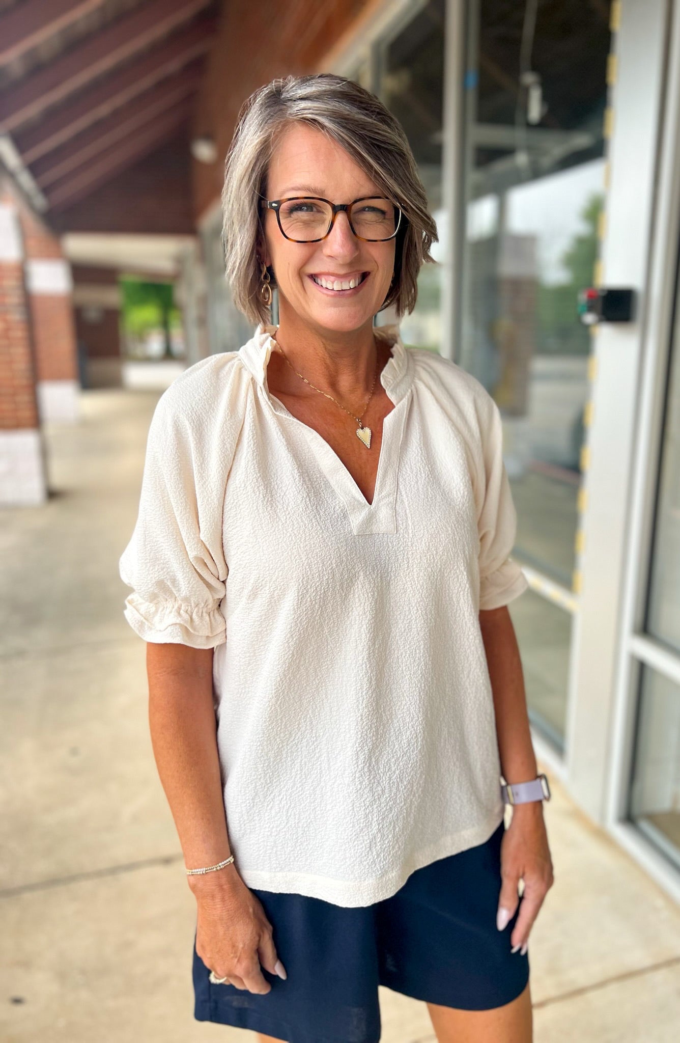 Ecru Seersucker V - Neck Top with Ruffled Bubble Sleeves - A'Bekah's Boutique