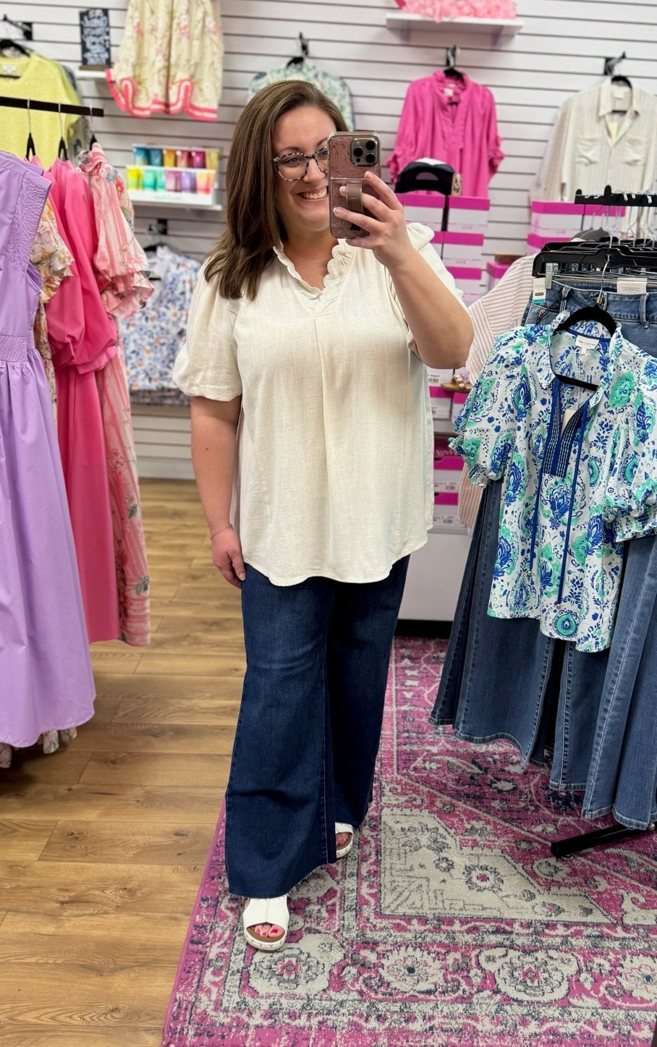 Ecru Seersucker V - Neck Top with Ruffled Bubble Sleeves - A'Bekah's Boutique