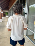 Ecru Seersucker V - Neck Top with Ruffled Bubble Sleeves - A'Bekah's Boutique