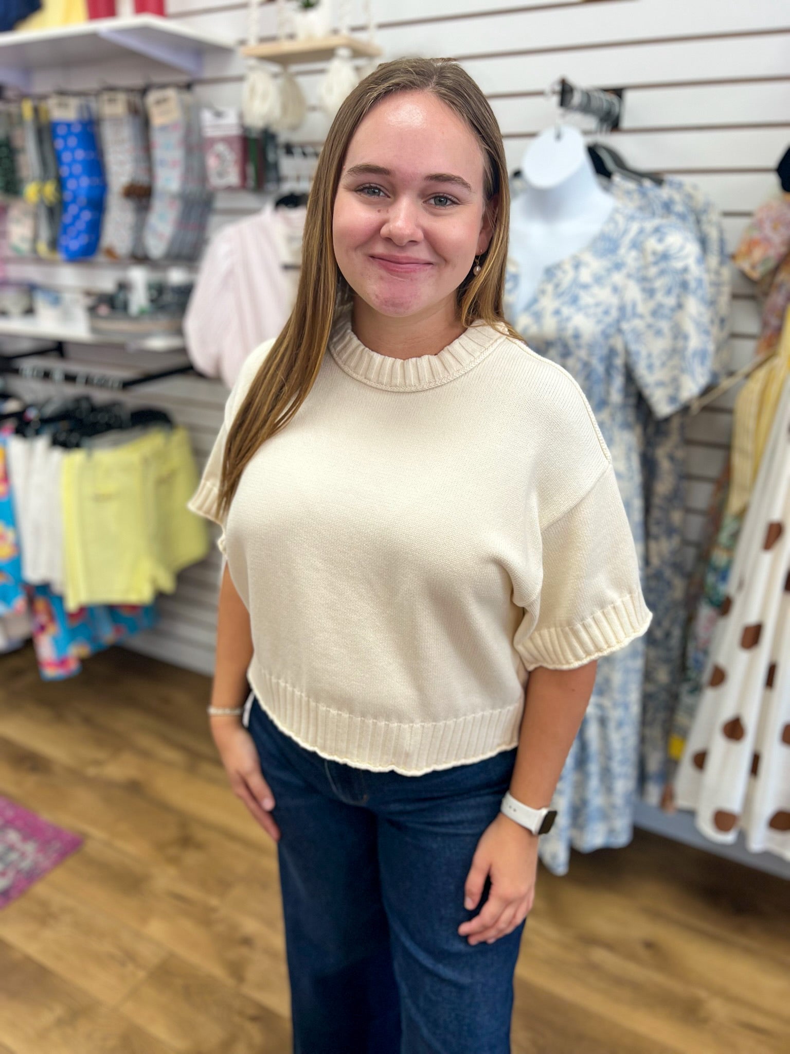 Ecru Short Sleeve Sweater with Drop Shoulder - A'Bekah's Boutique