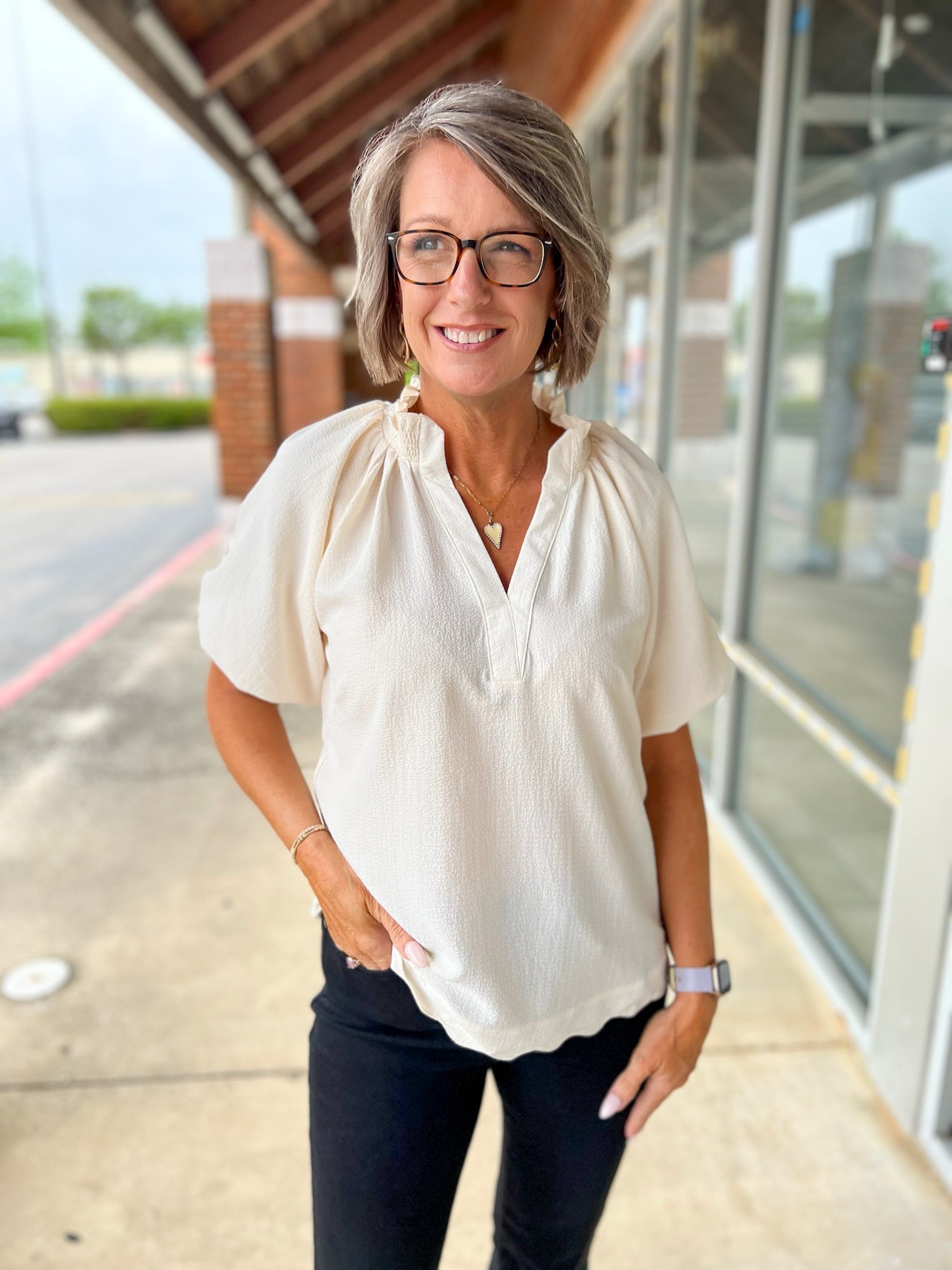 Ecru Split V - Neck Short Puff Sleeve Top - A'Bekah's Boutique