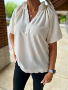 Ecru Split V - Neck Short Puff Sleeve Top - A'Bekah's Boutique