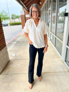 Ecru Split V - Neck Short Puff Sleeve Top - A'Bekah's Boutique