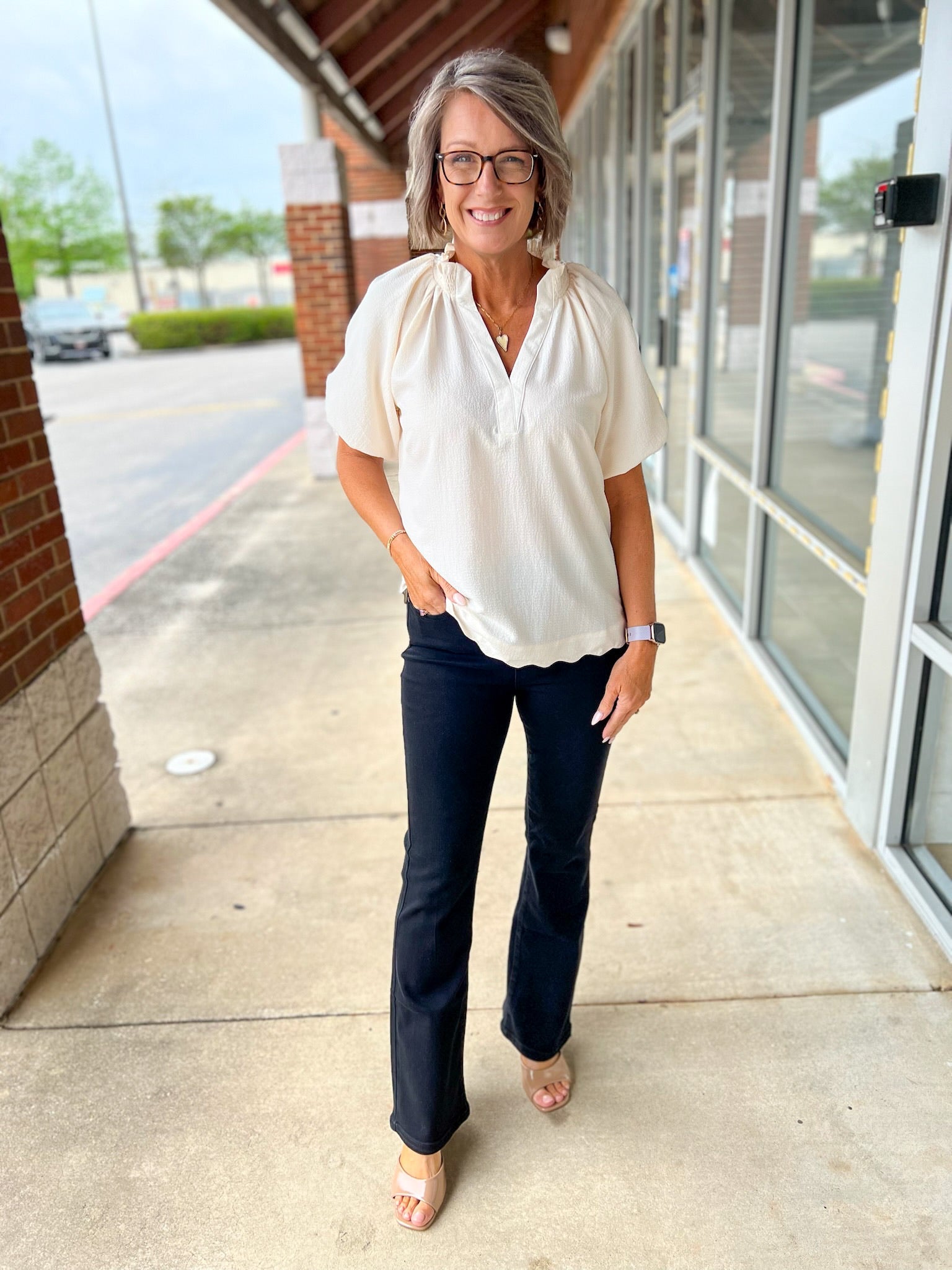 Ecru Split V - Neck Short Puff Sleeve Top - A'Bekah's Boutique