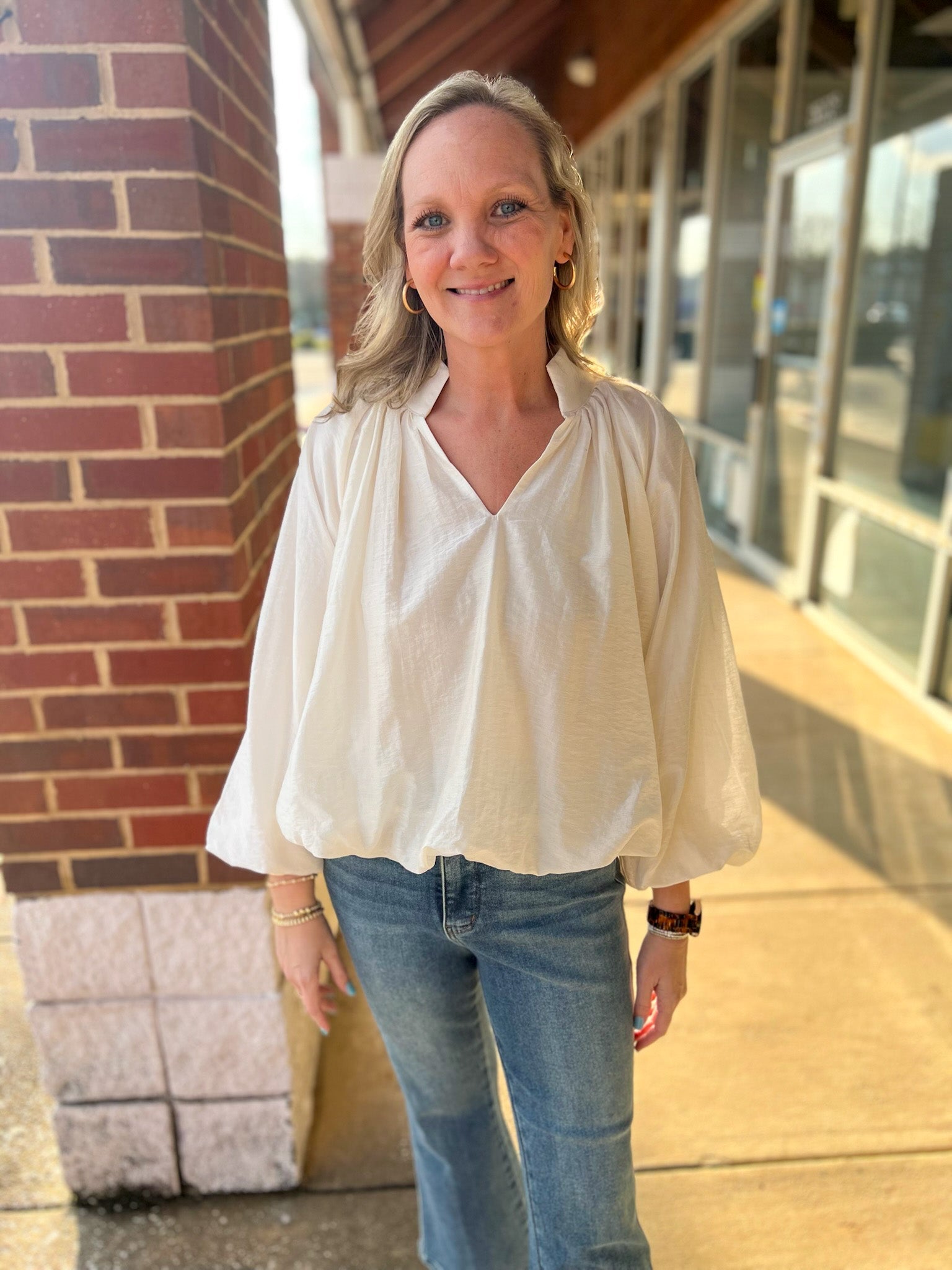 Ecru Top with 3/4 Gathered Balloon Sleeves and Hem - A'Bekah's Boutique