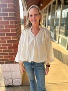 Ecru Top with 3/4 Gathered Balloon Sleeves and Hem - A'Bekah's Boutique