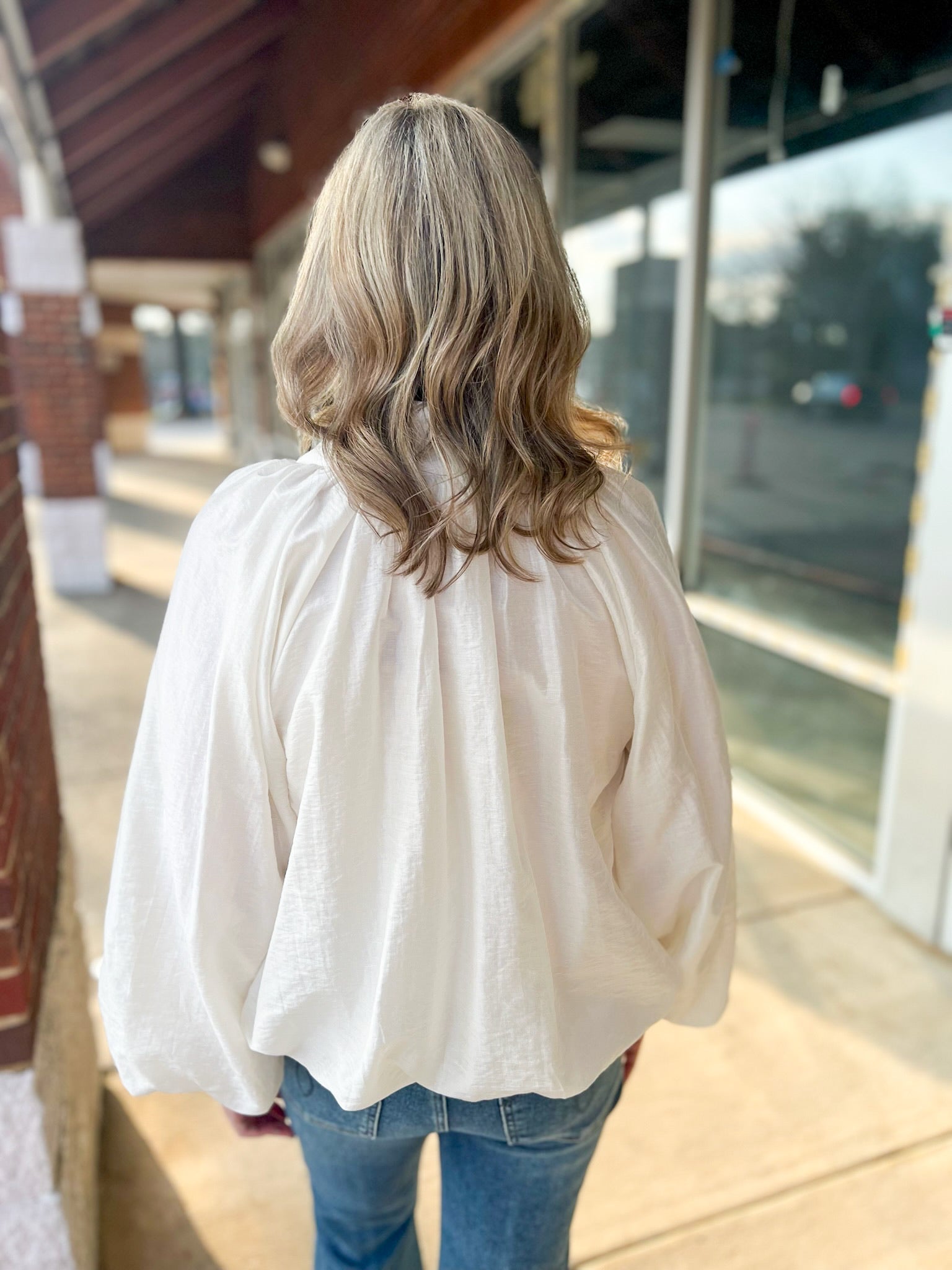 Ecru Top with 3/4 Gathered Balloon Sleeves and Hem - A'Bekah's Boutique