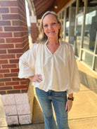 Ecru Top with 3/4 Gathered Balloon Sleeves and Hem - A'Bekah's Boutique
