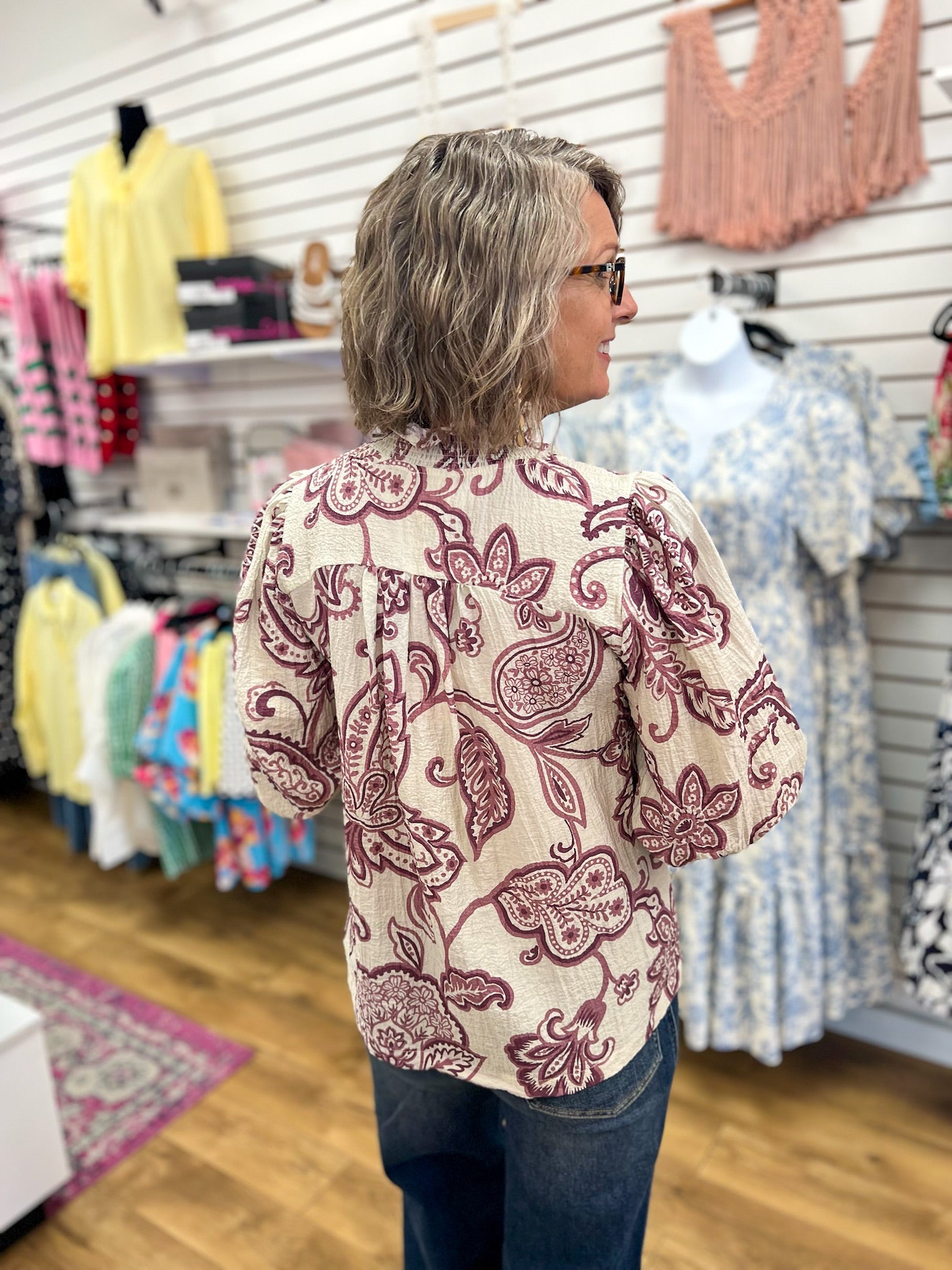 Eggplant Abstract Print V-Neck Top with 3/4 Sleeves - A'Bekah's Boutique
